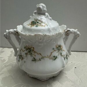 Antique HERMANN OHME EGLANTINE covered sugar bowl green floral & bow GERMANY